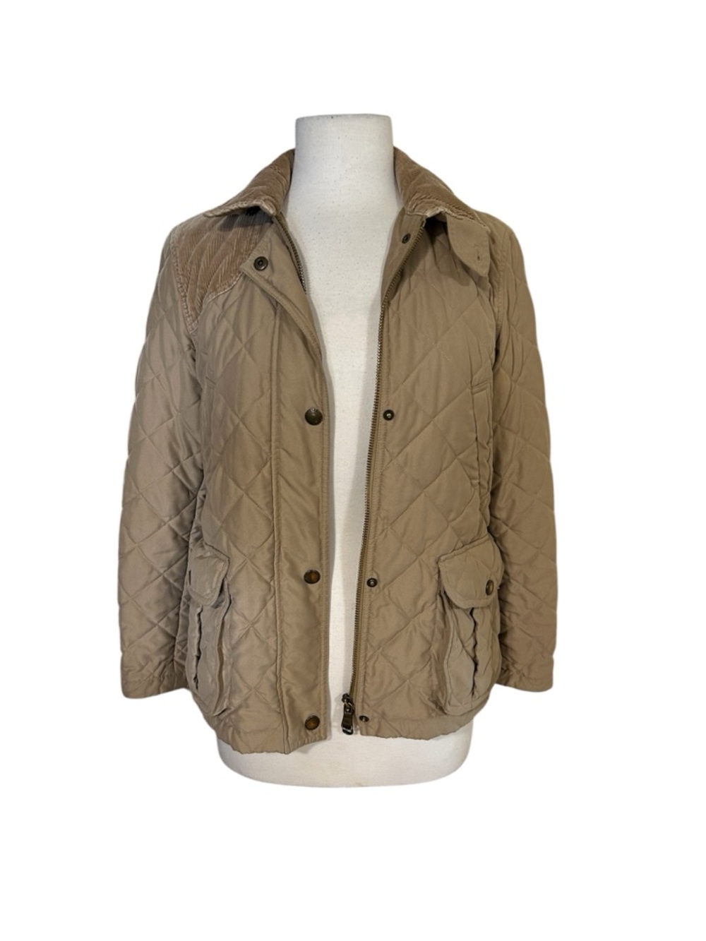 Vintage Lauren Ralph Lauren Tan Quilted Jacket Barn Corduroy Neck Women's Sz PM